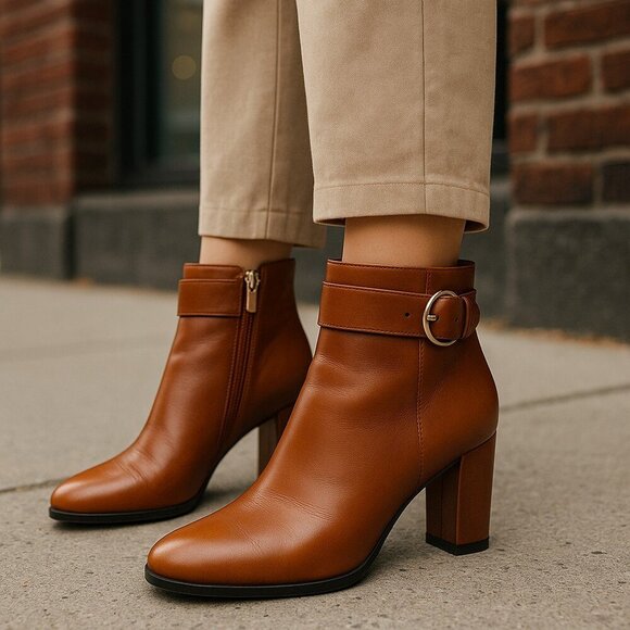 Tory Burch Sophia Ankle Booties Boots British Tan Women's 5 M Leather Gold Logo - Picture 1 of 8